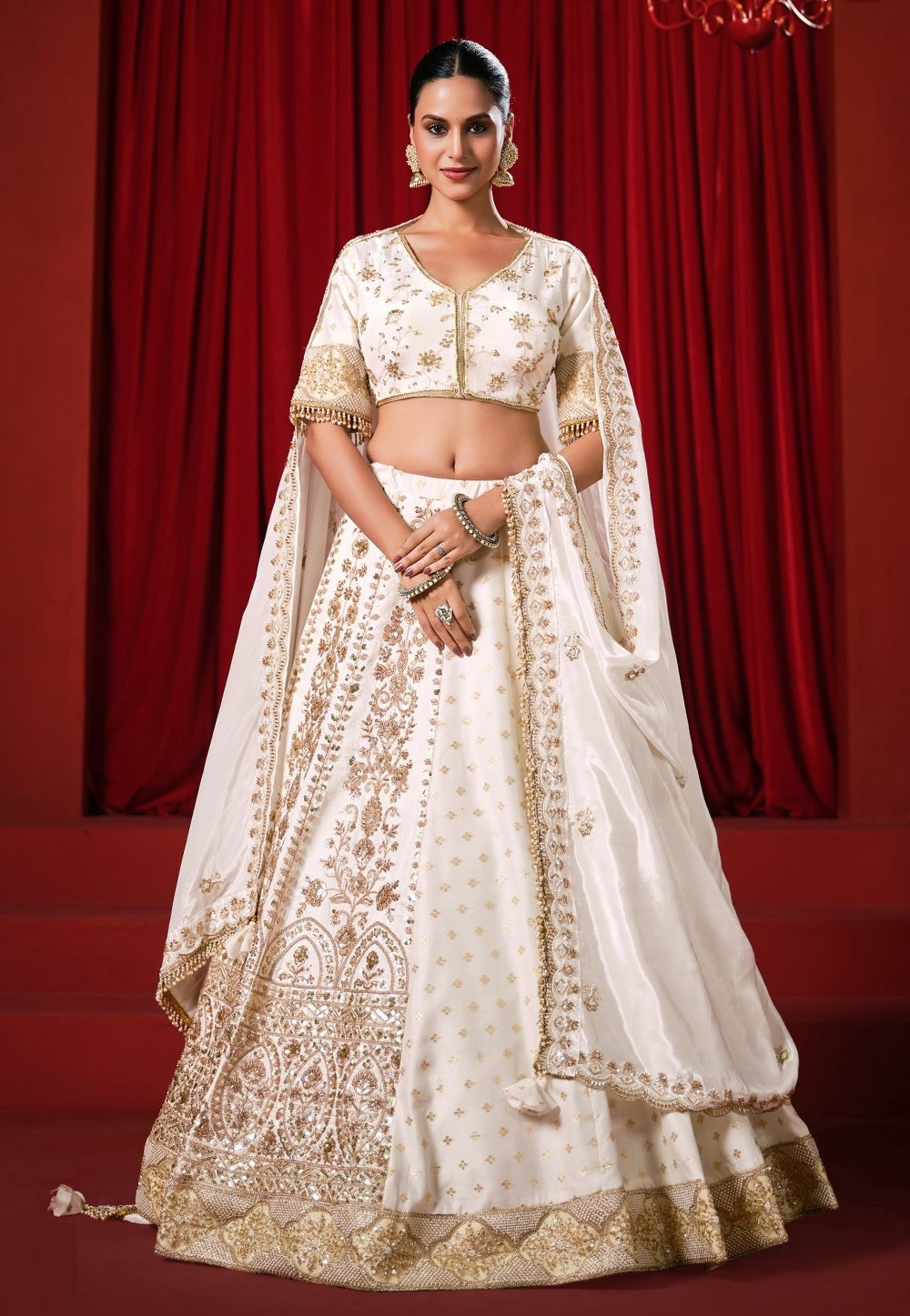 White Silk Crepe Circular Lehenga Choli 329131