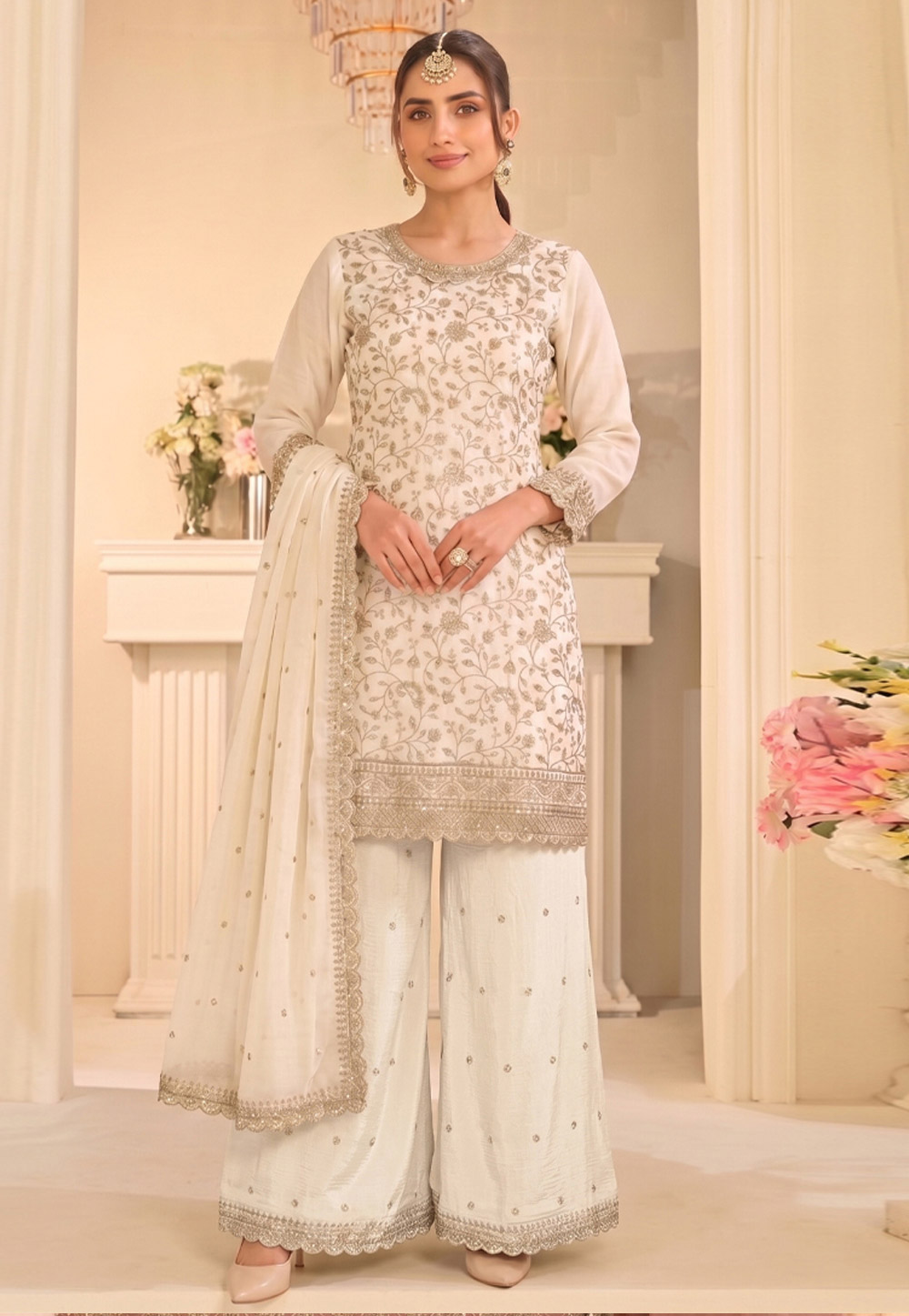 White Silk Embroidered Palazzo Suit 329770