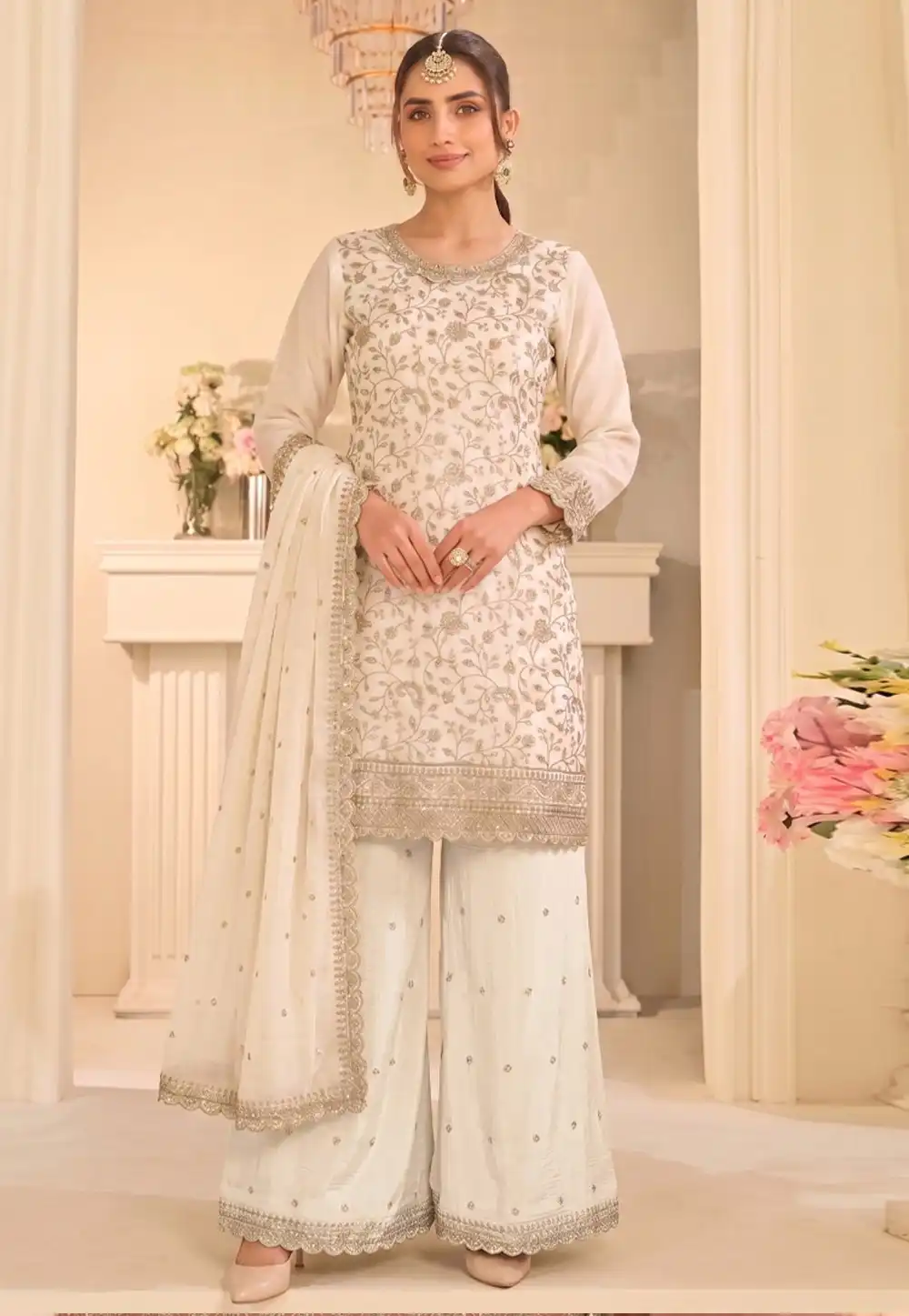 White Silk Embroidered Palazzo Suit 329770