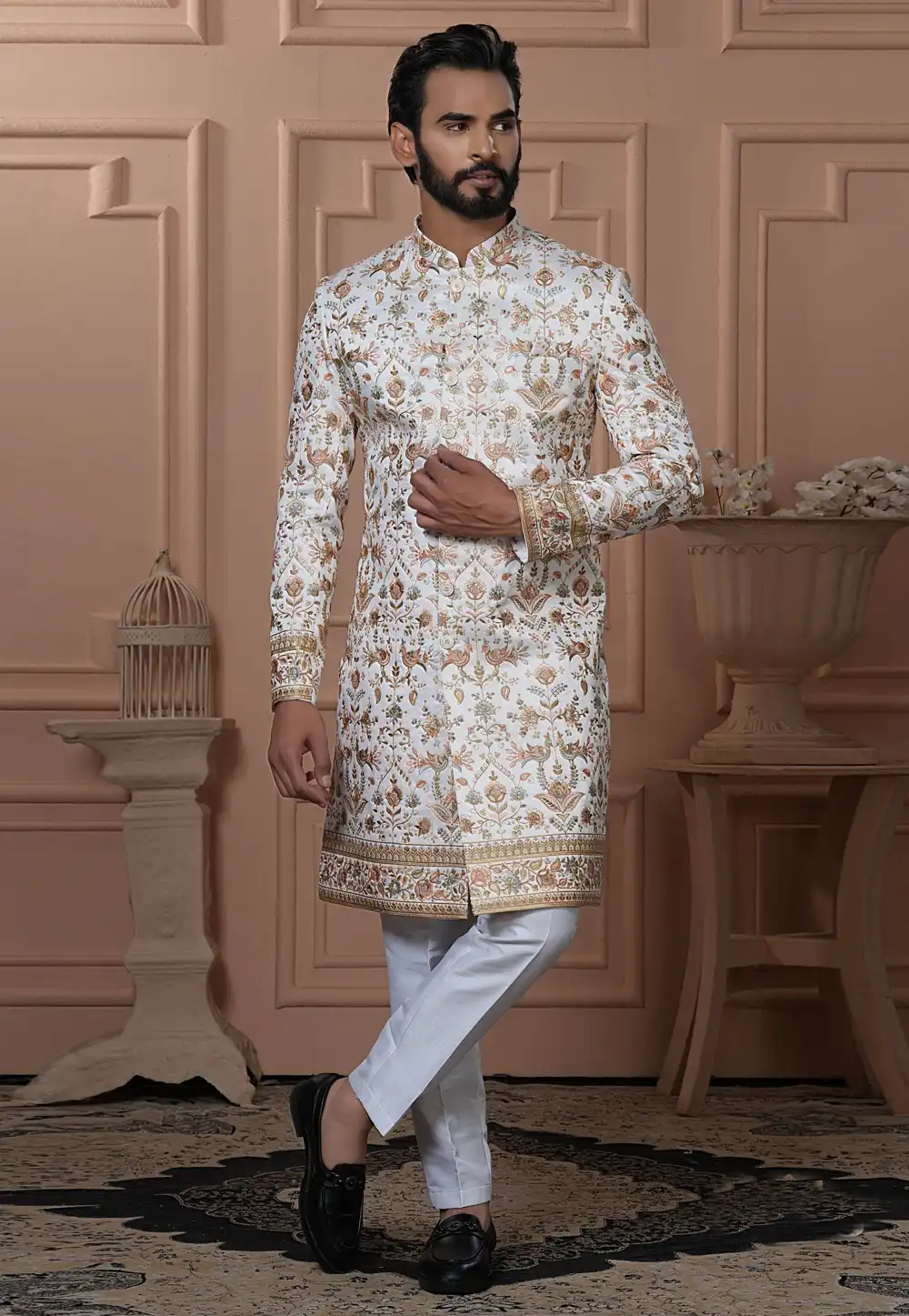 White Silk Indo Western Sherwani 315035