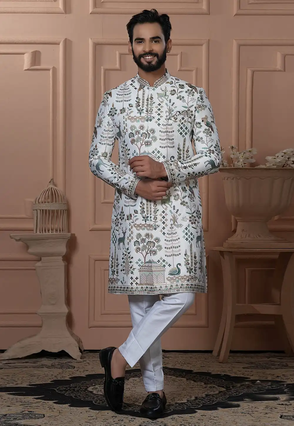 White Silk Indo Western Sherwani 315044