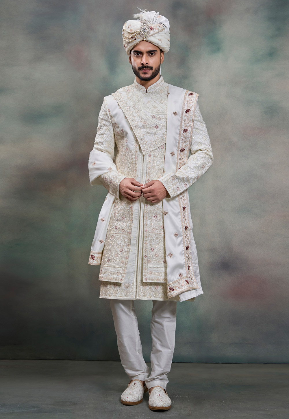 White Silk Indo Western Sherwani 322504