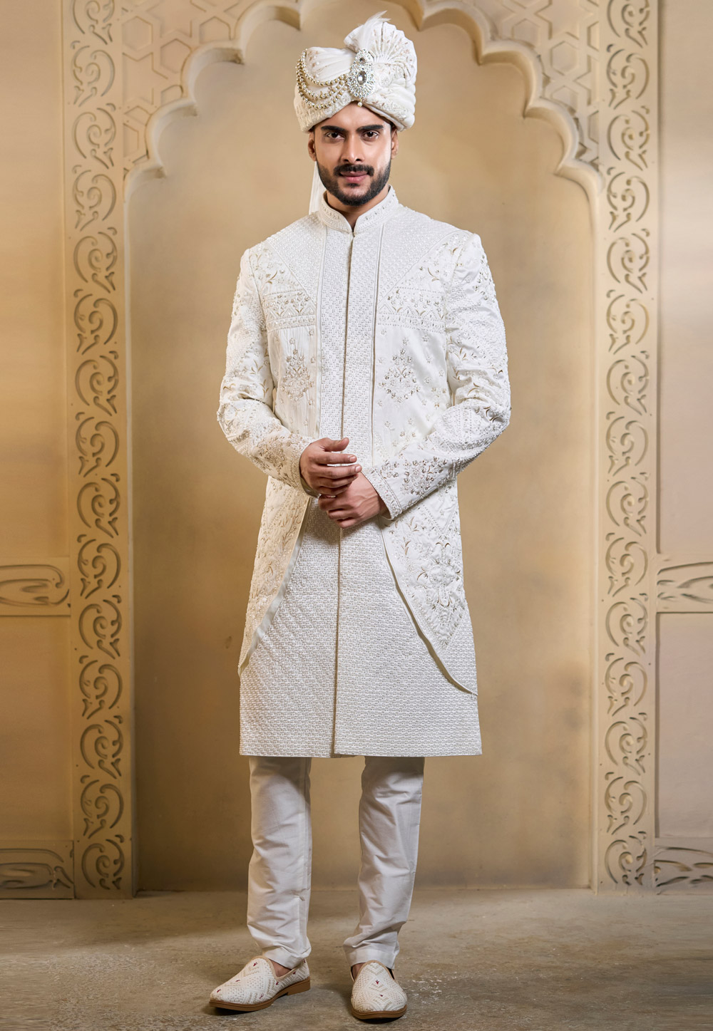 White Silk Indo Western Sherwani 322508