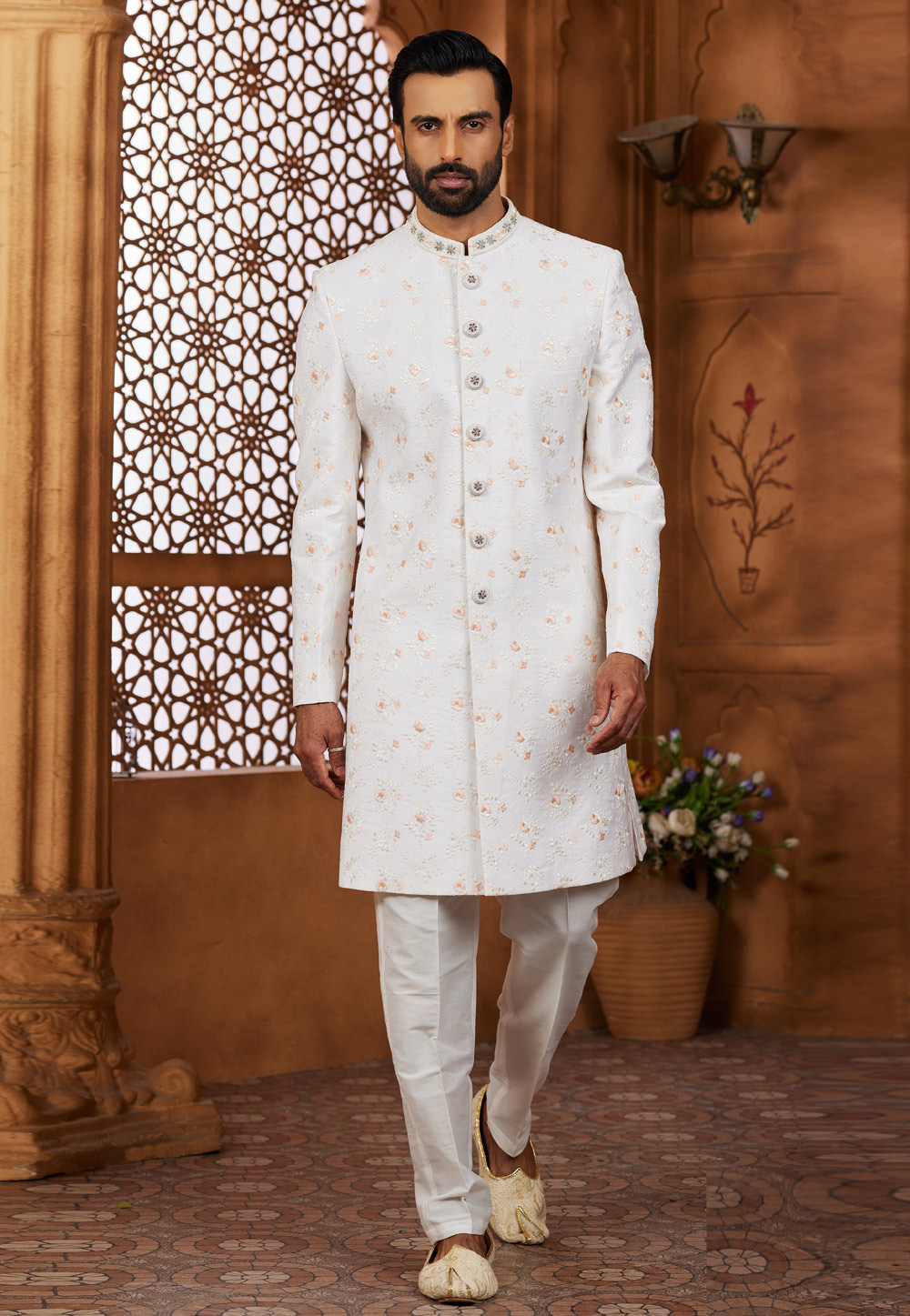 White Silk Indo Western Sherwani 306734