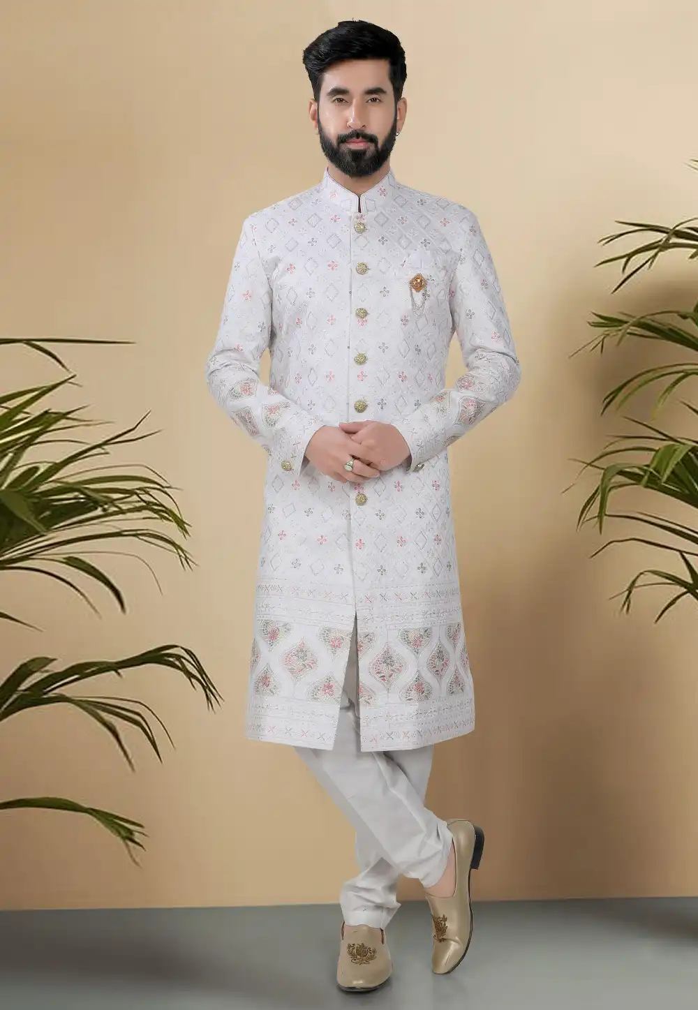 White Silk Indo Western Sherwani 313084