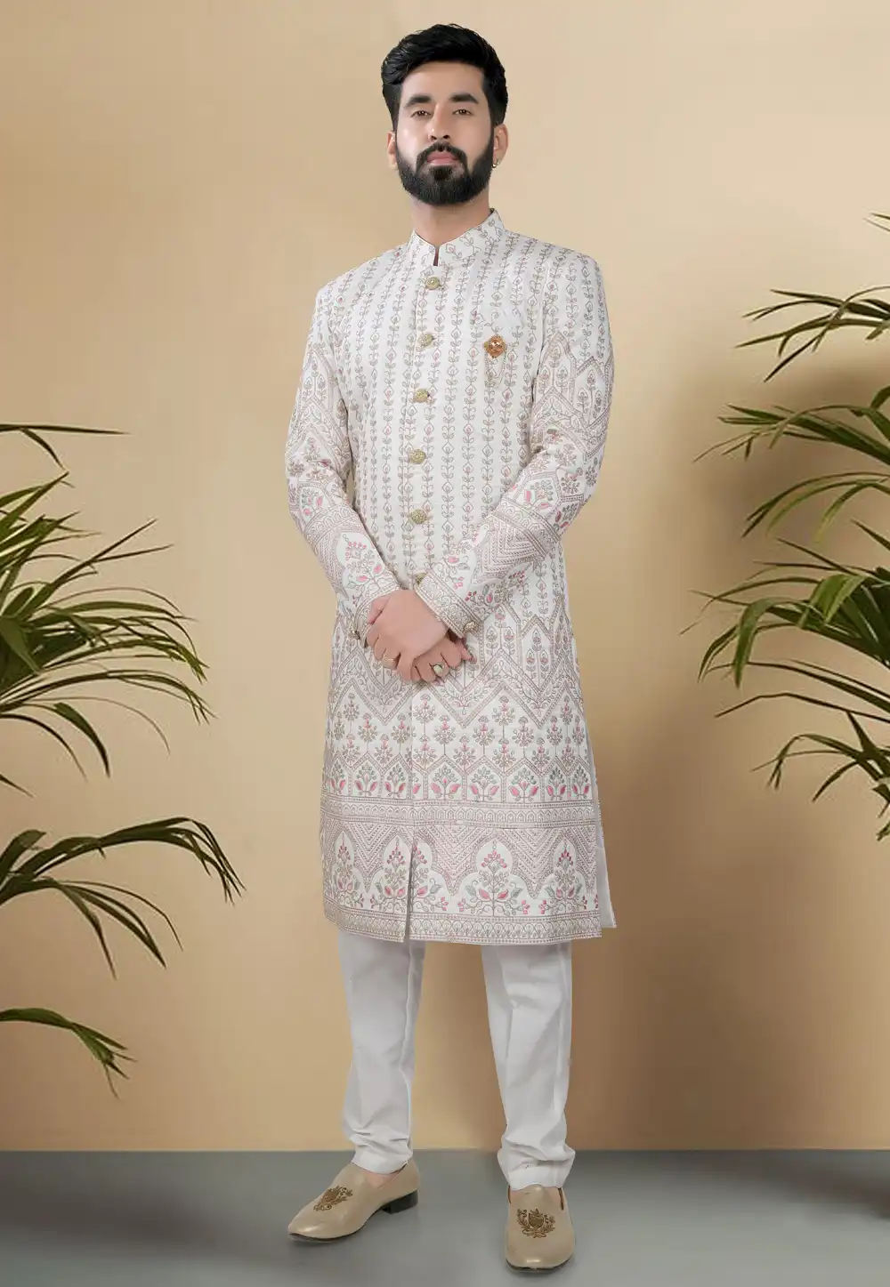 White Silk Indo Western Sherwani 313086