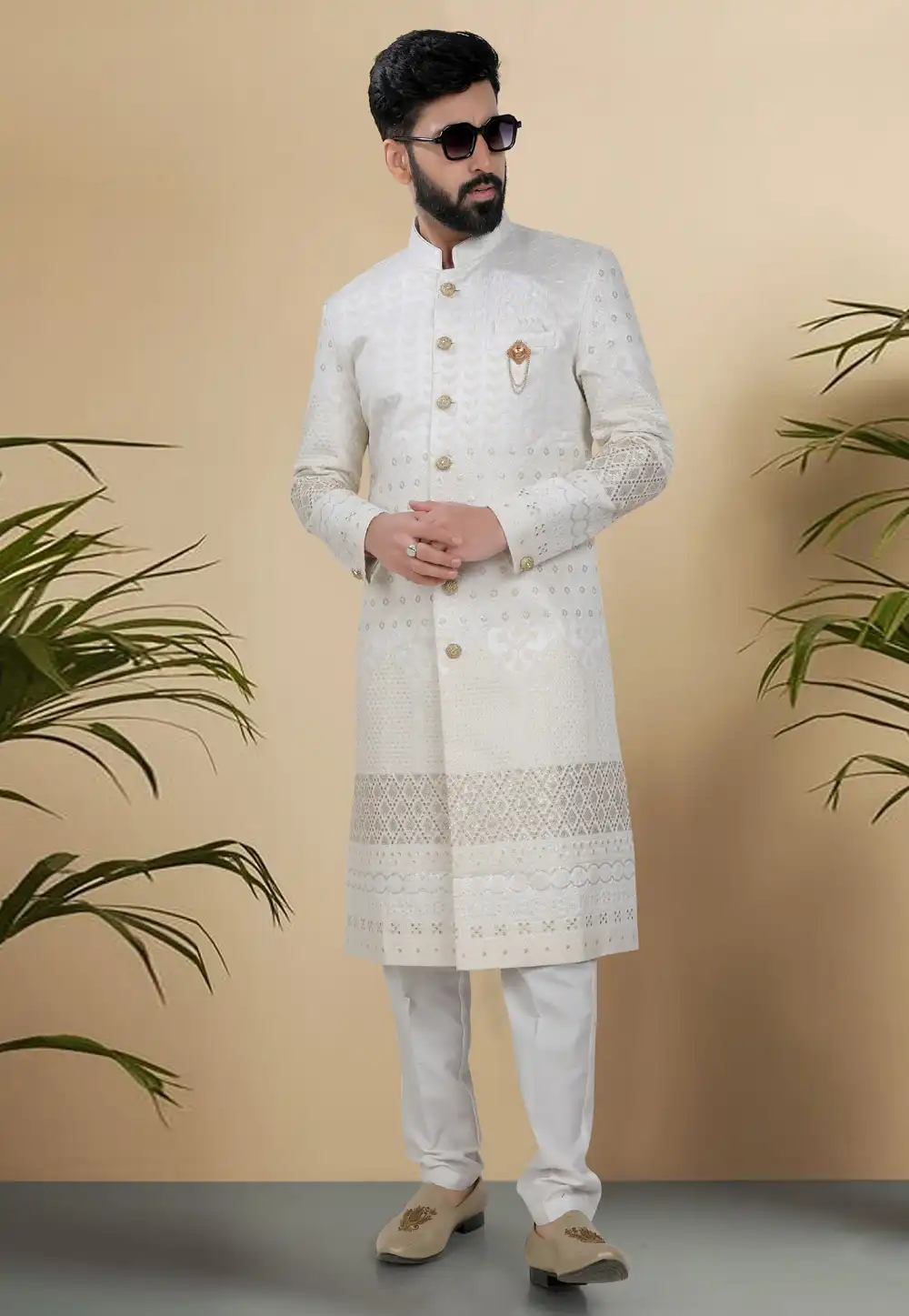 White Silk Indo Western Sherwani 313087