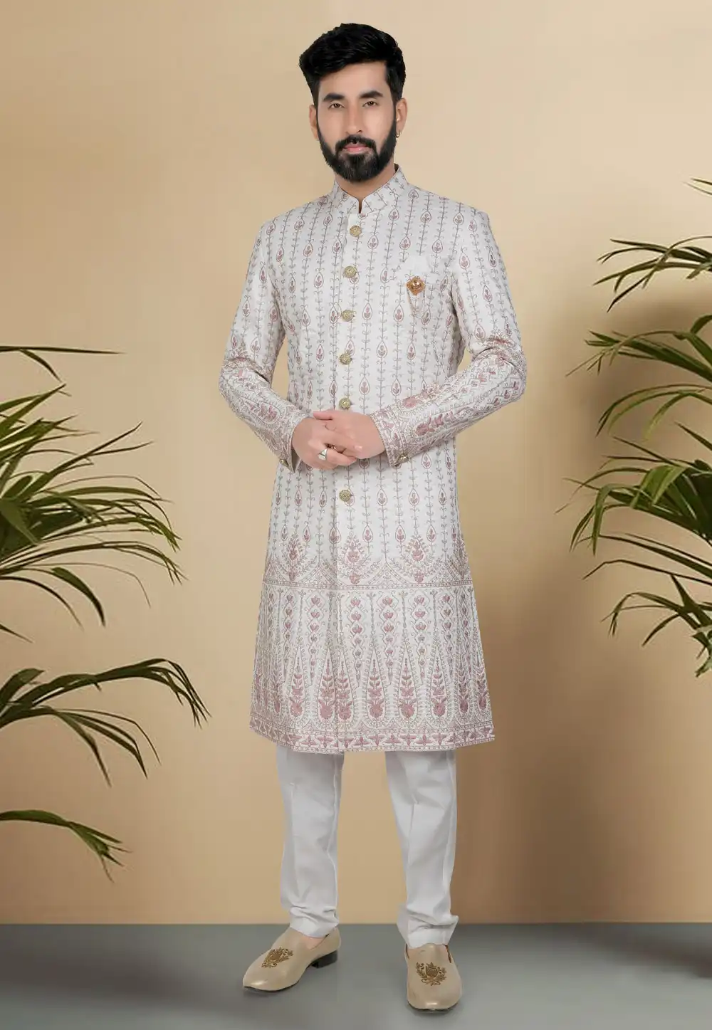 White Silk Indo Western Sherwani 313088