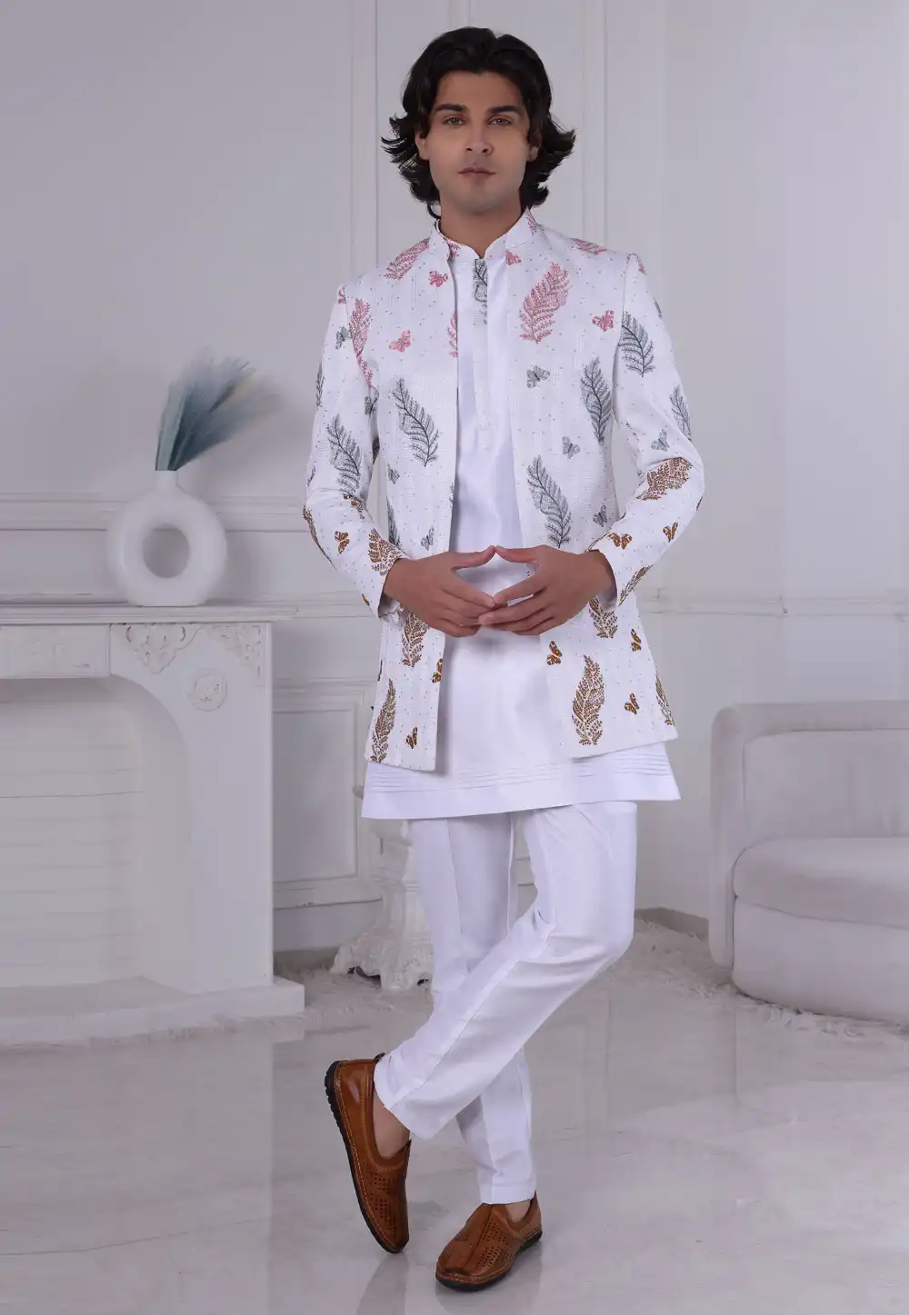 White Silk Indo Western Suit 314999