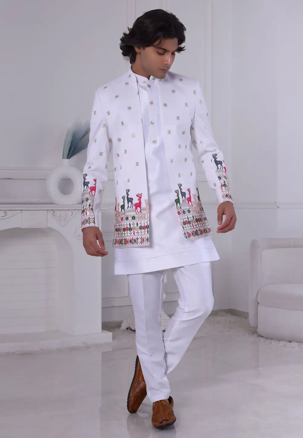 White Silk Indo Western Suit 315017