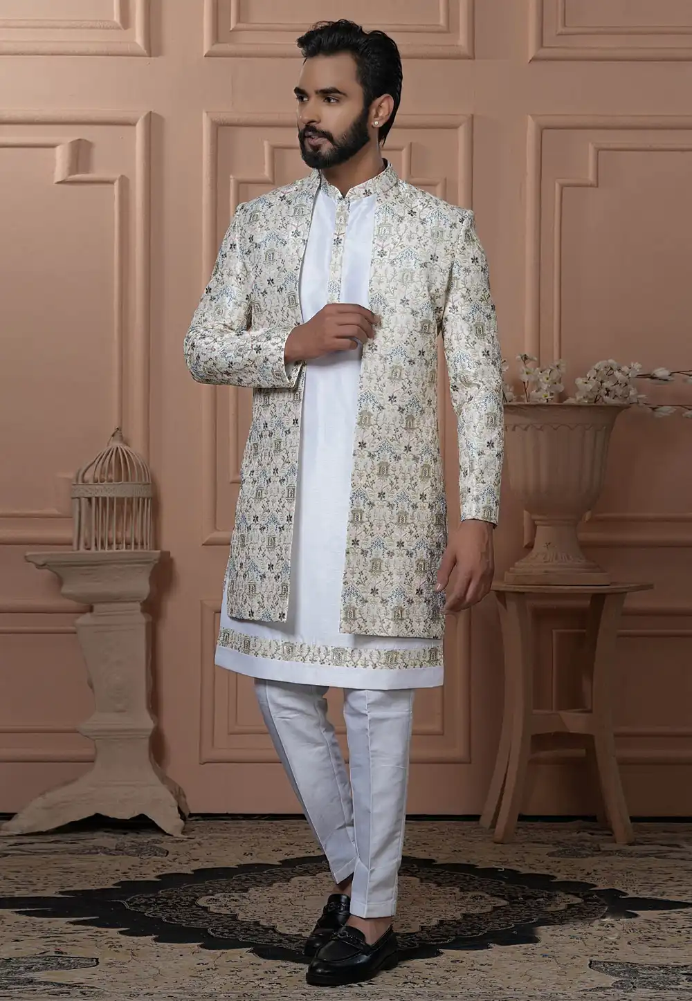 White Silk Indo Western Suit 315065