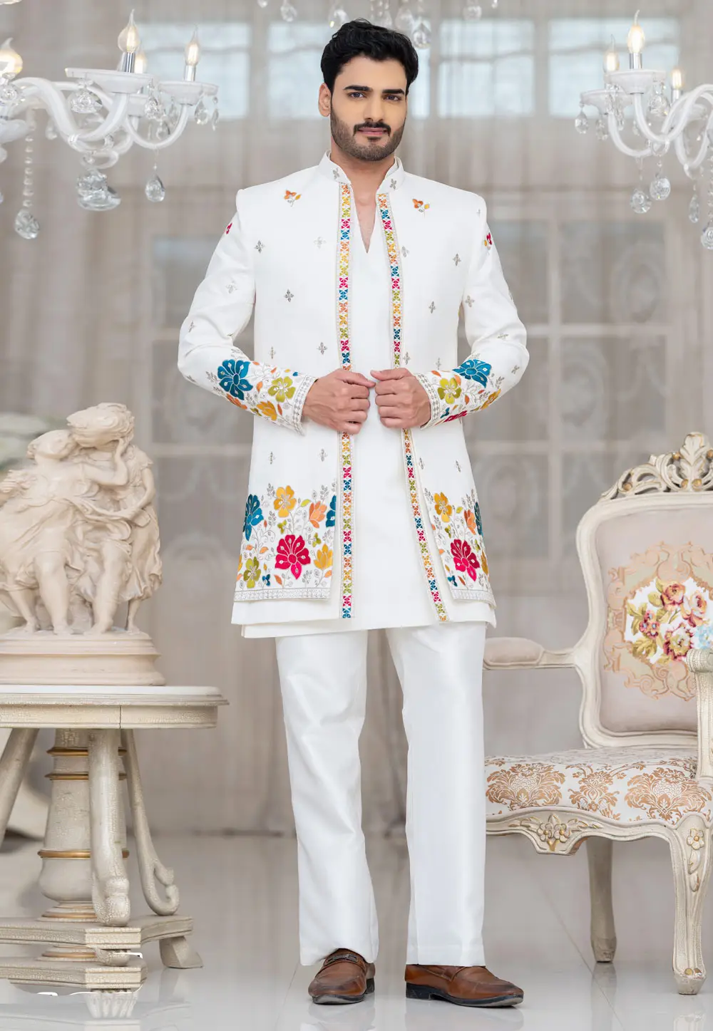 White Silk Indo Western Suit 336509