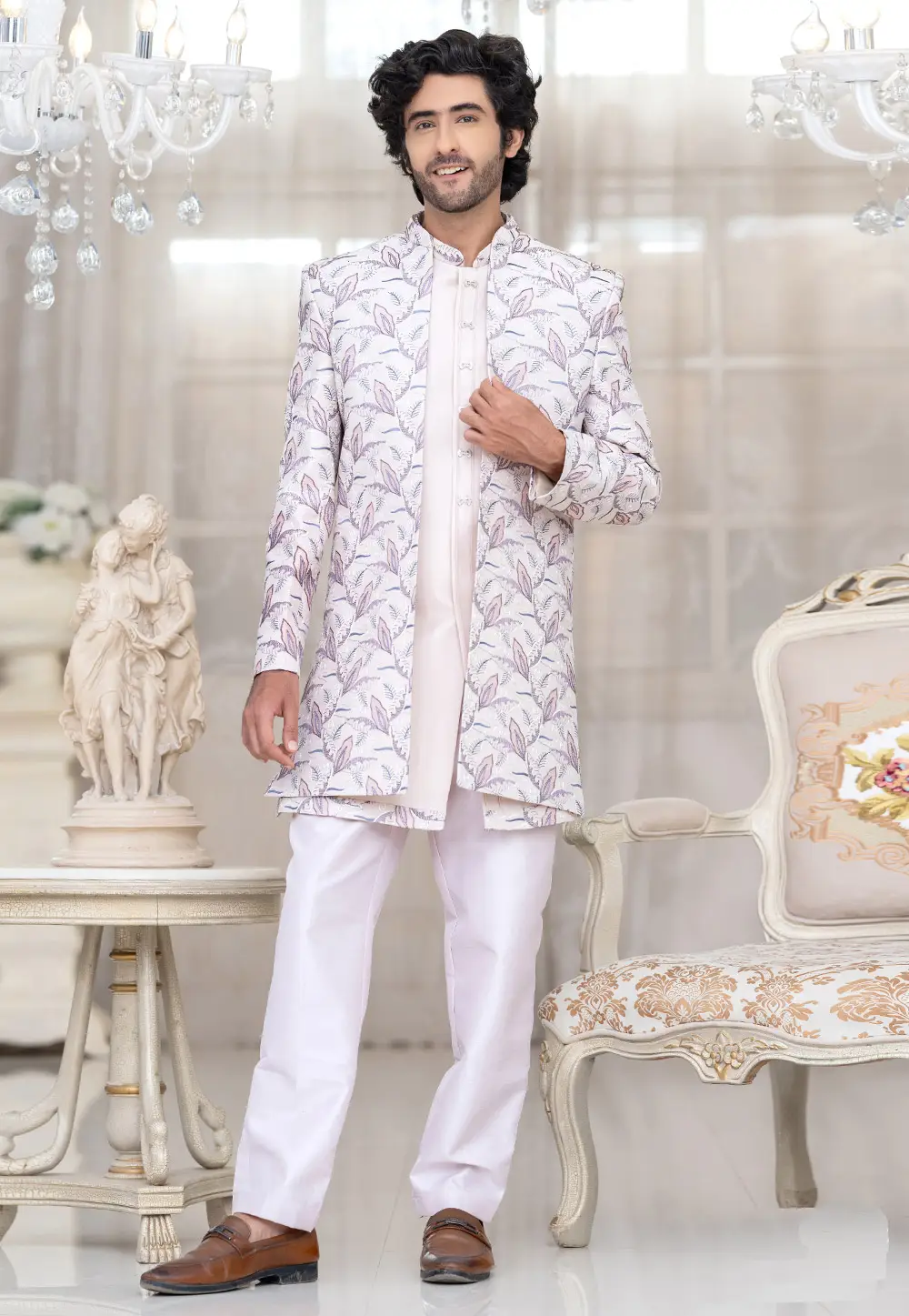 White Silk Indo Western Suit 336518