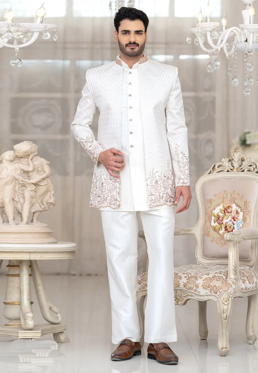 White Silk Indo Western Suit 336532