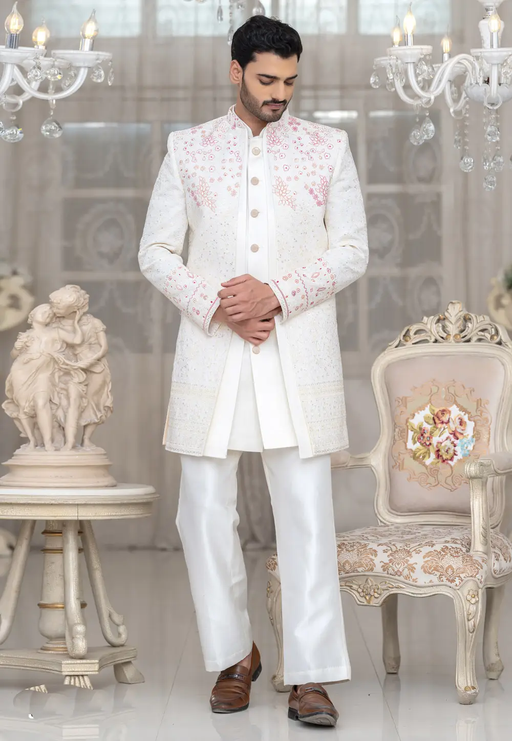 White Silk Indo Western Suit 336534