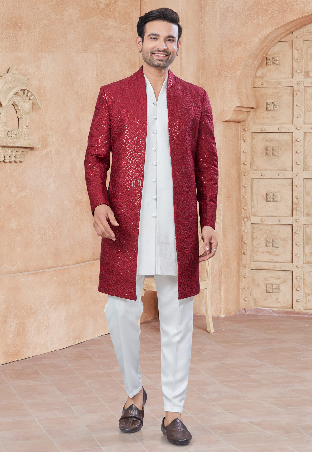 White Silk Indo Western Suit 306686