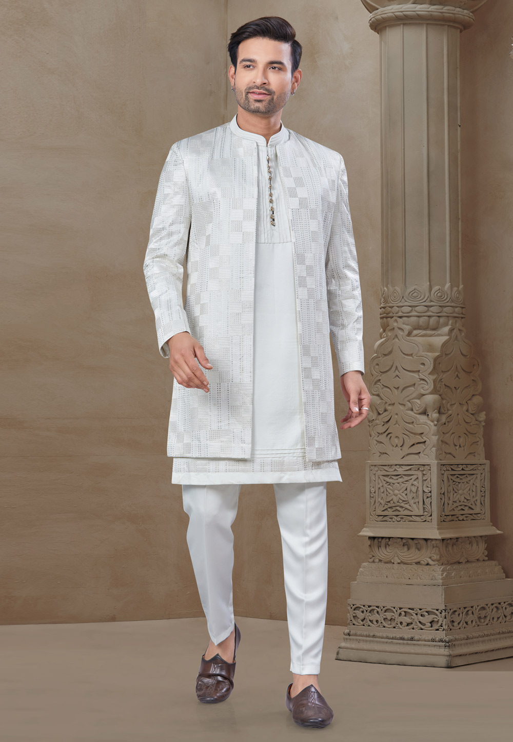 White Silk Indo Western Suit 306698