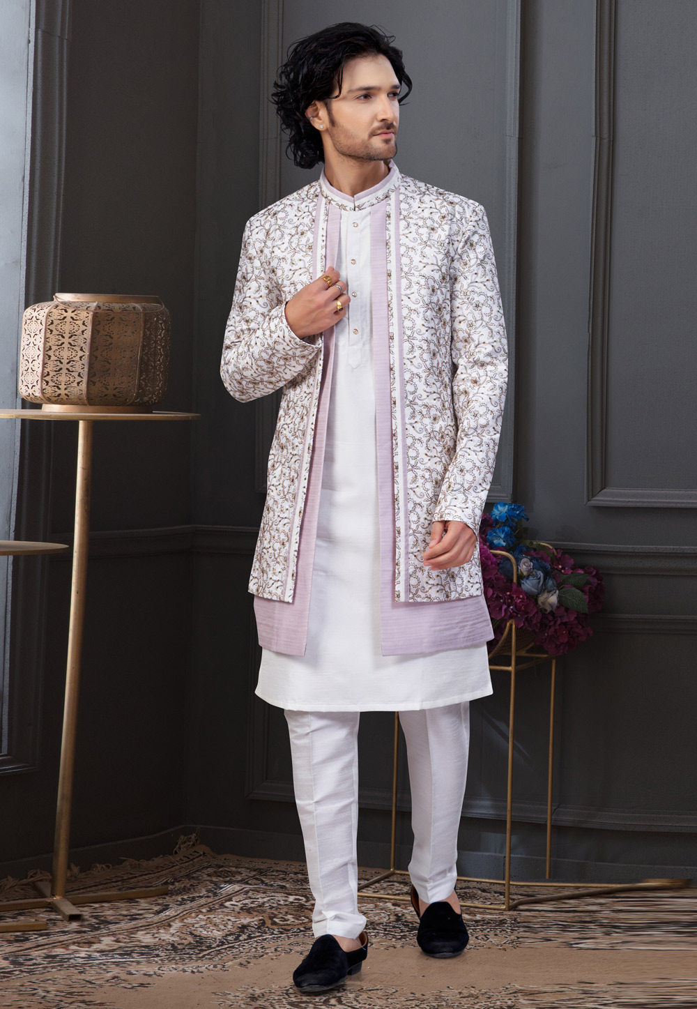 White Silk Indo Western Suit 322878
