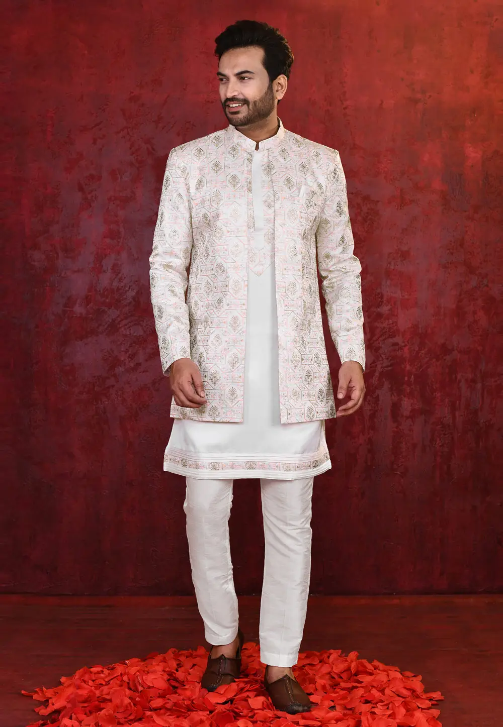 White Silk Indo Western Suit 335258