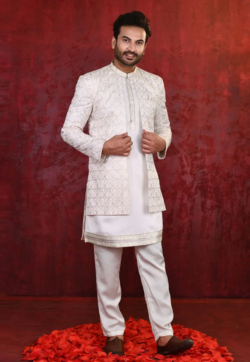 White Silk Indo Western Suit 335270