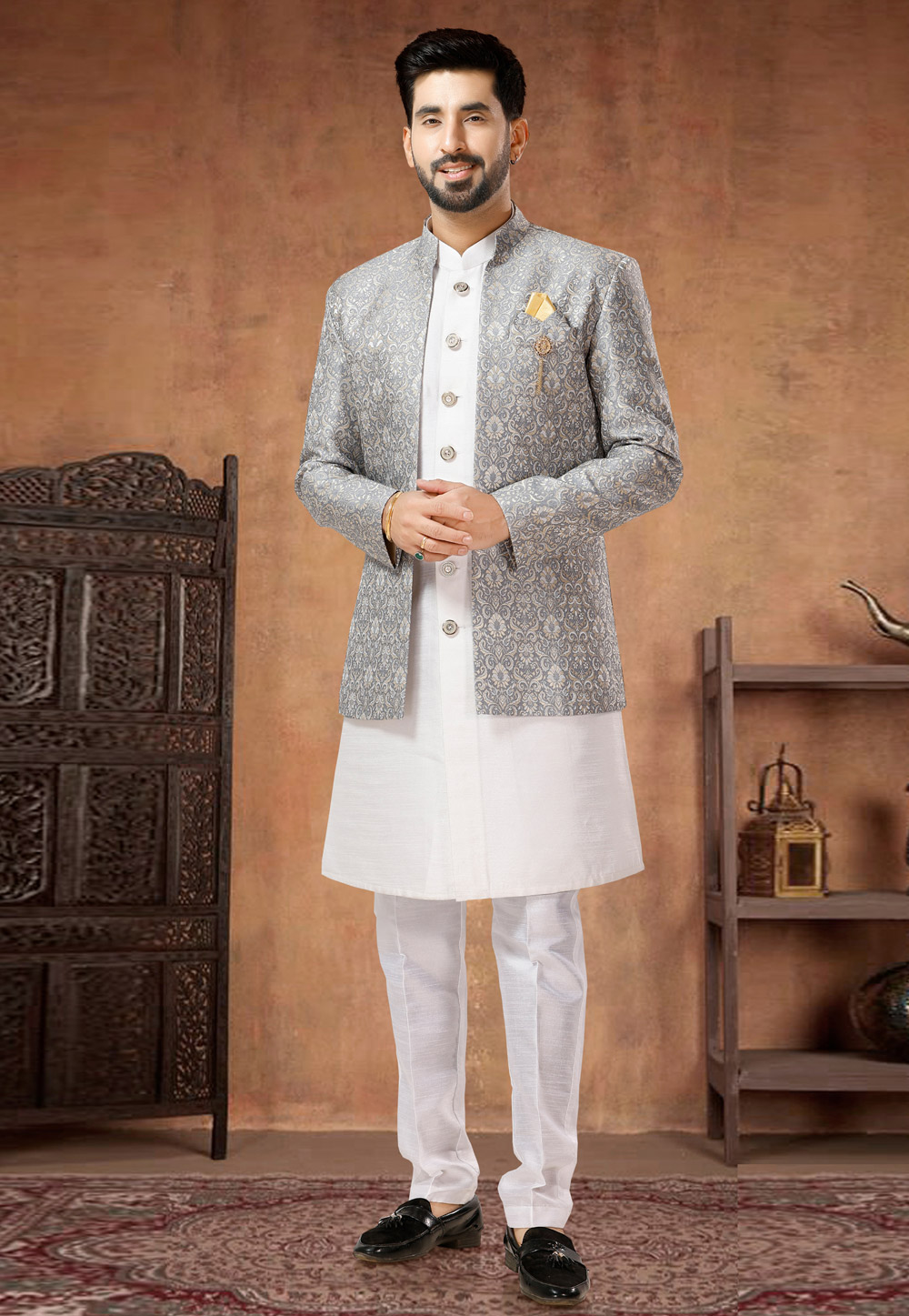 White Silk Indo Western Suit 282977