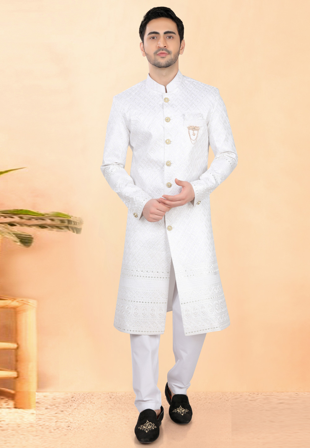 White Silk Indo Western Suit 308628