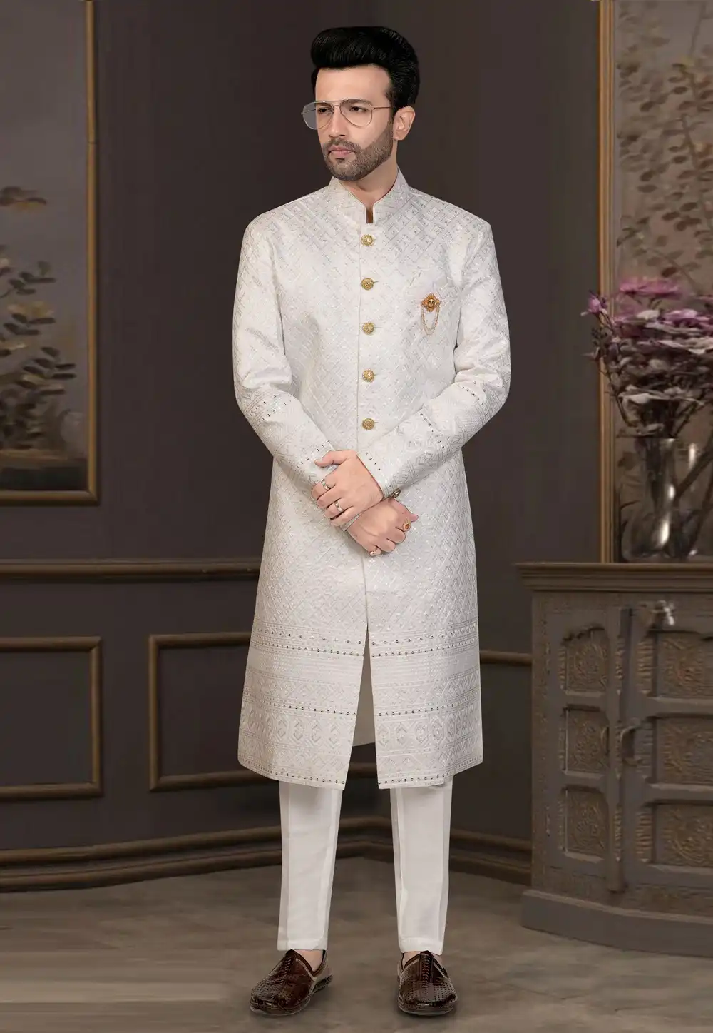 White Silk Indo Western Suit 316112
