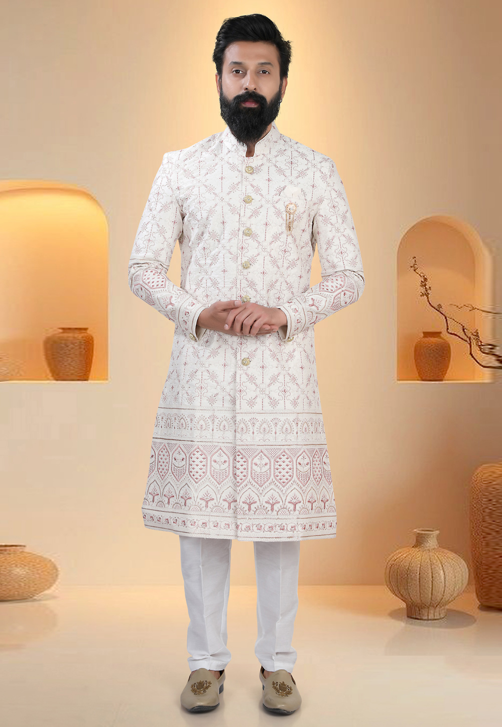 White Silk Indo Western Suit 321289