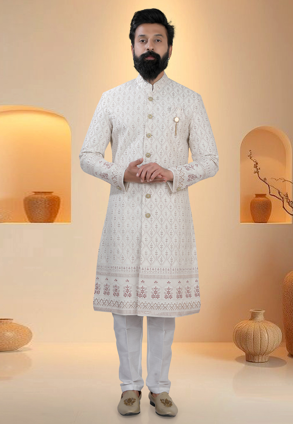 White Silk Indo Western Suit 321292