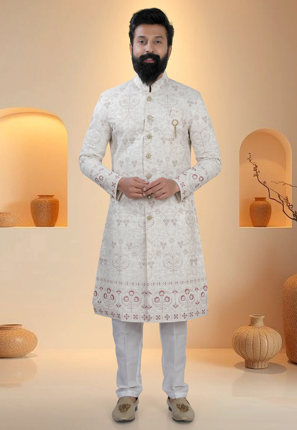 White Silk Indo Western Suit 321294