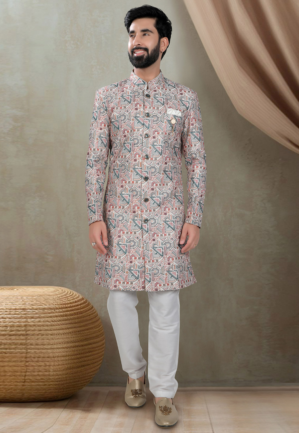 White Silk Indo Western Suit 311728