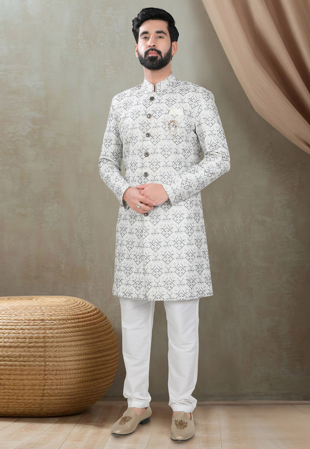 White Silk Indo Western Suit 311748