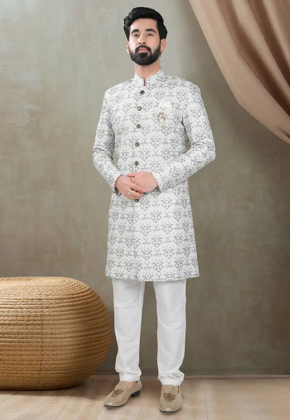 White Silk Indo Western Suit 311748