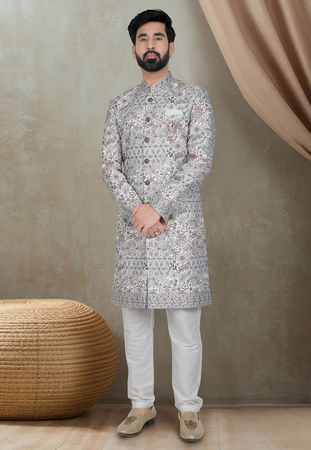 White Silk Indo Western Suit 311756