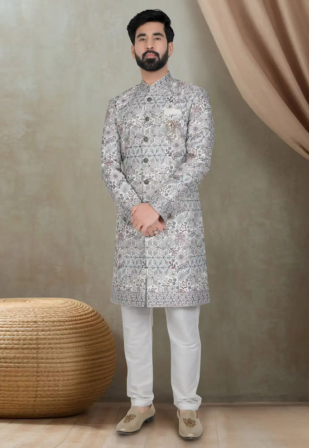 White Silk Indo Western Suit 311756