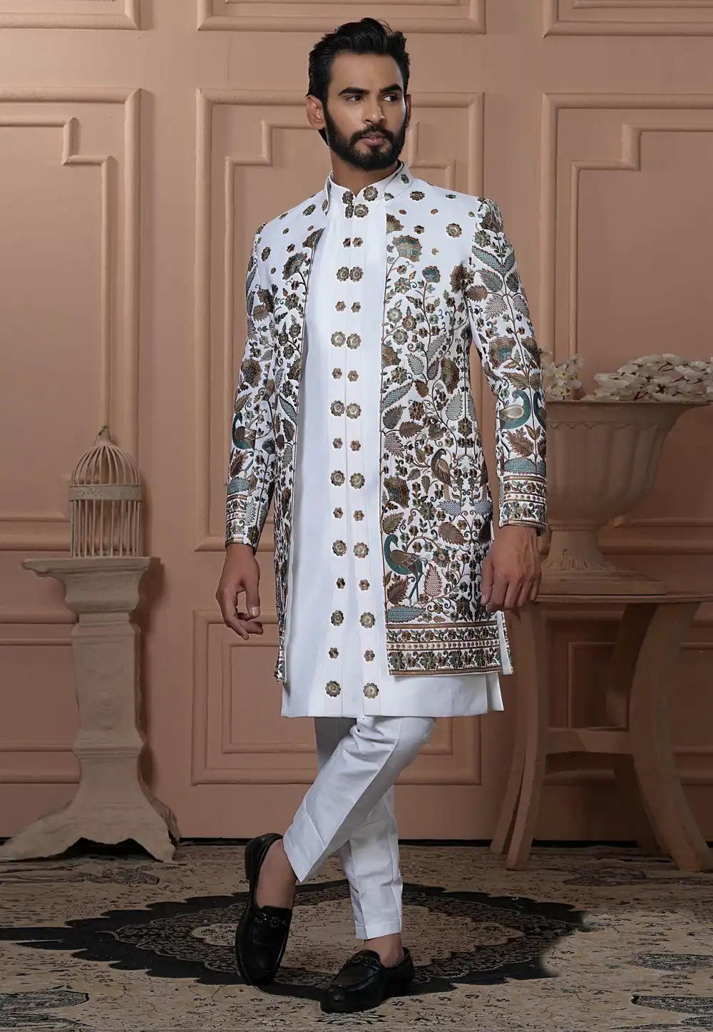 White Silk Jacket Style Sherwani 315052