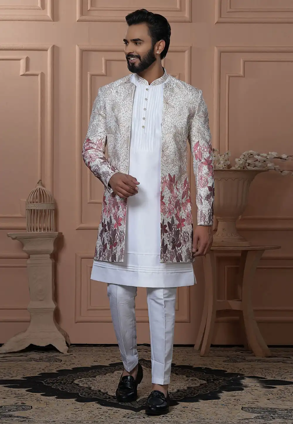 White Silk Jacket Style Sherwani 315074