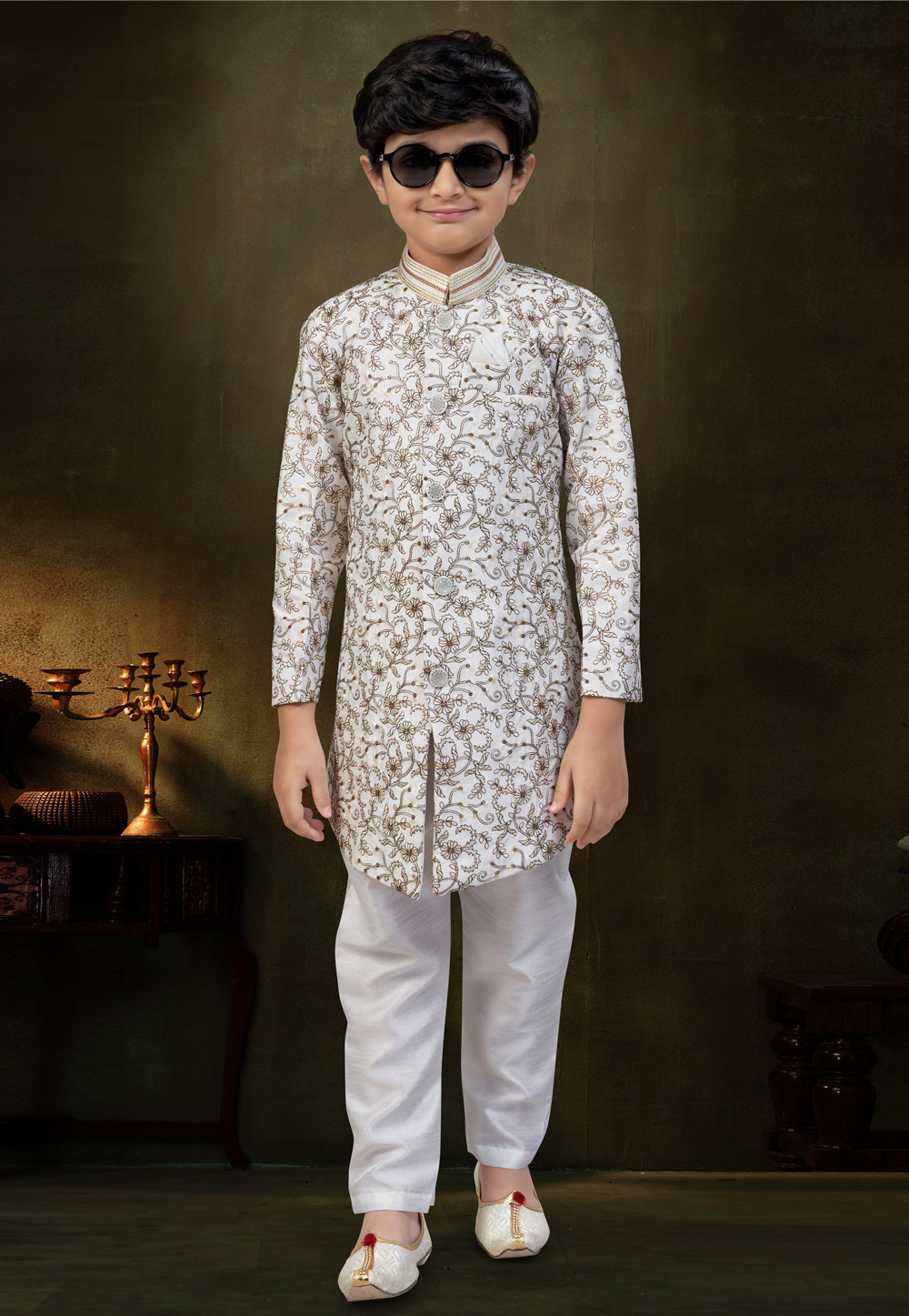 White Silk Kids Indo Western Suit 324278