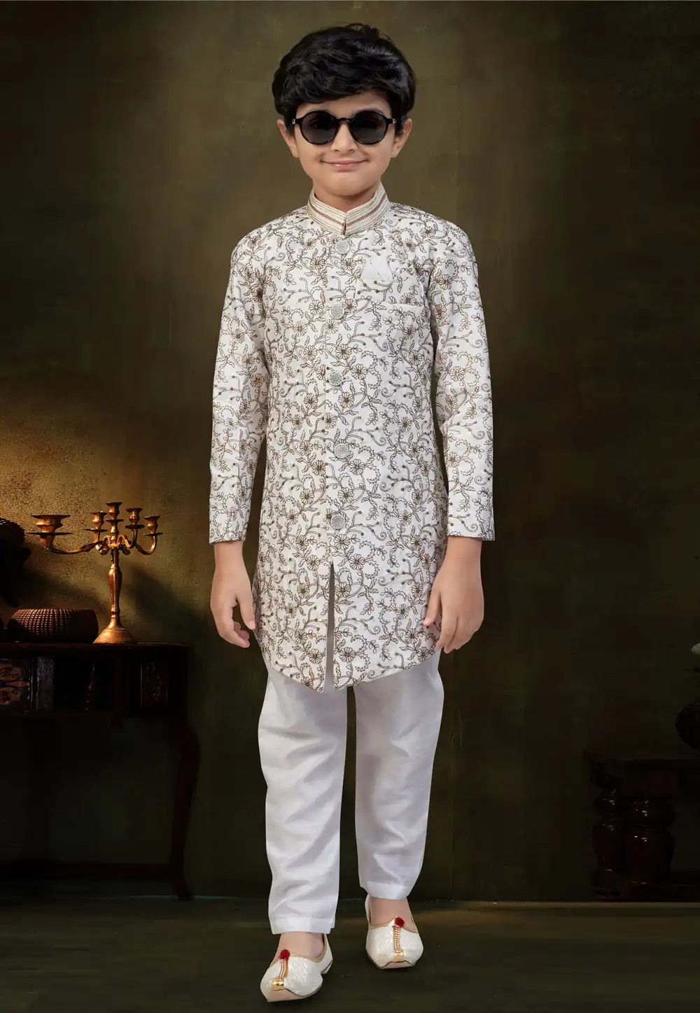 White Silk Kids Indo Western Suit 324278