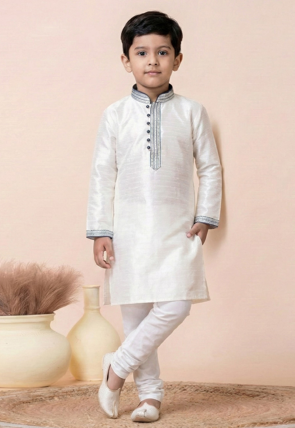 White Silk Kids Kurta Pajama 322269
