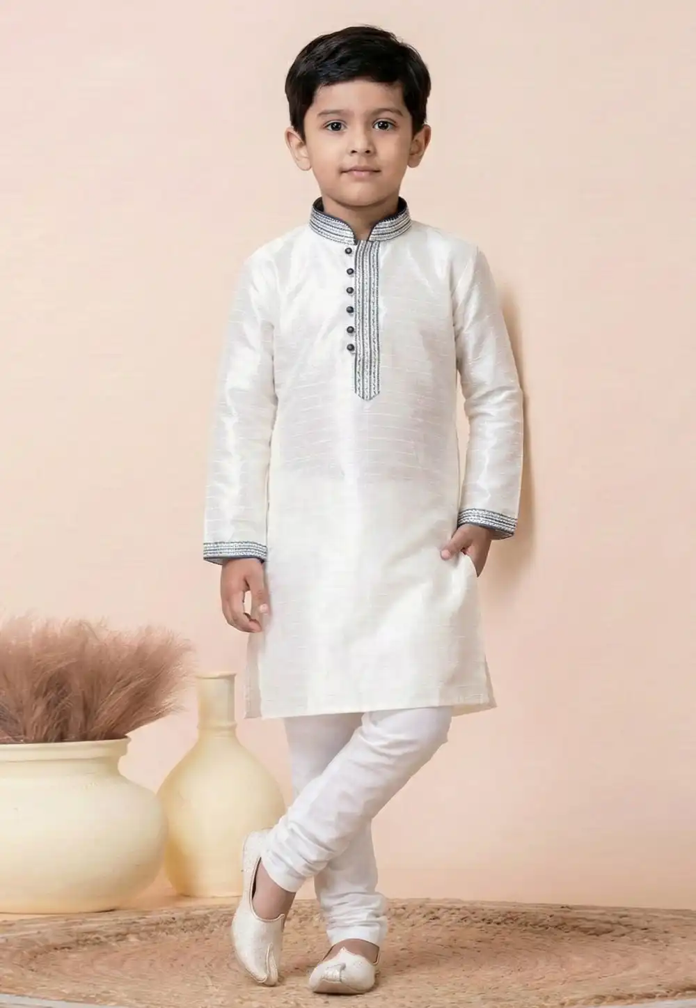 White Silk Kids Kurta Pajama 322269