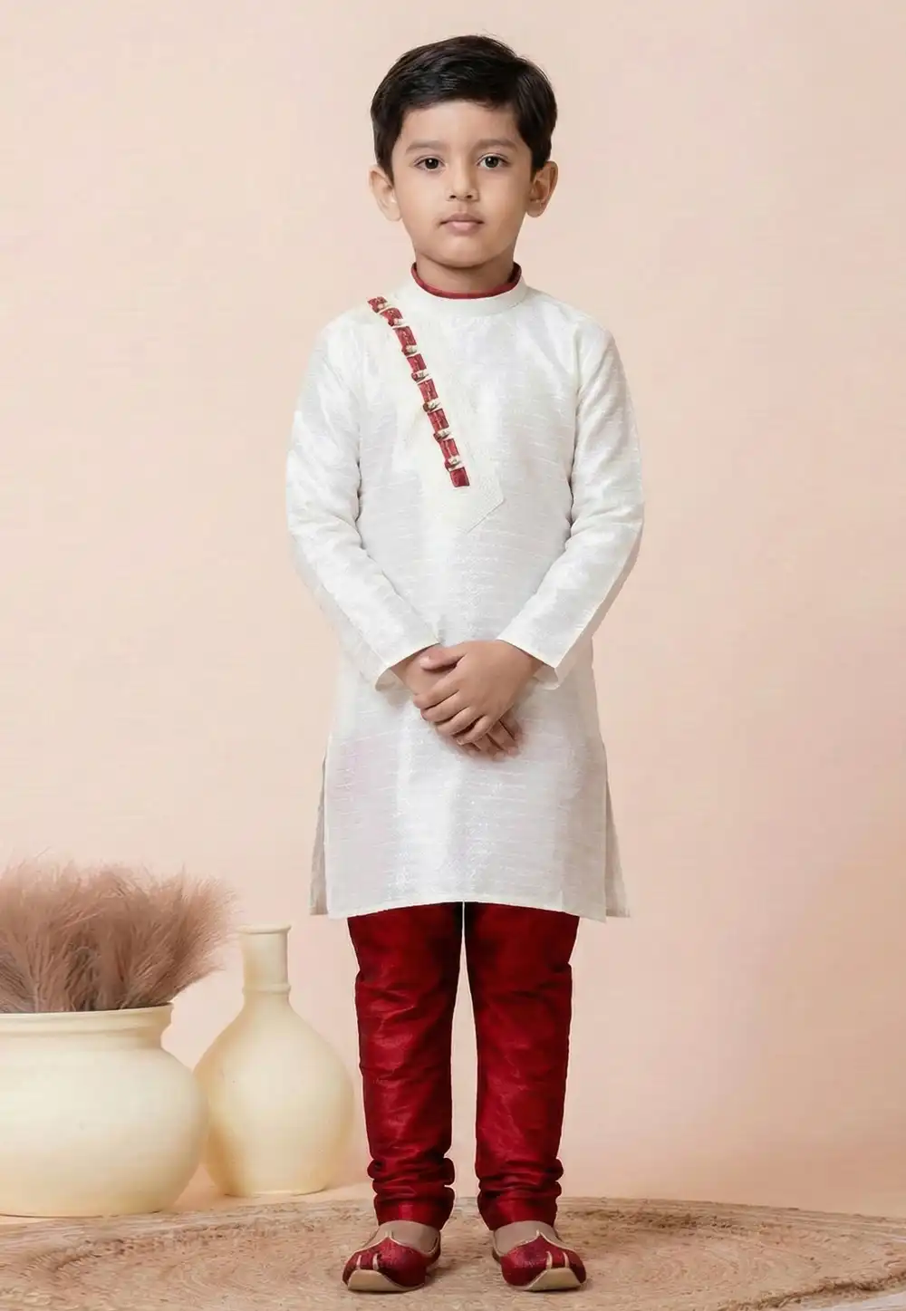 White Silk Kids Kurta Pajama 322286