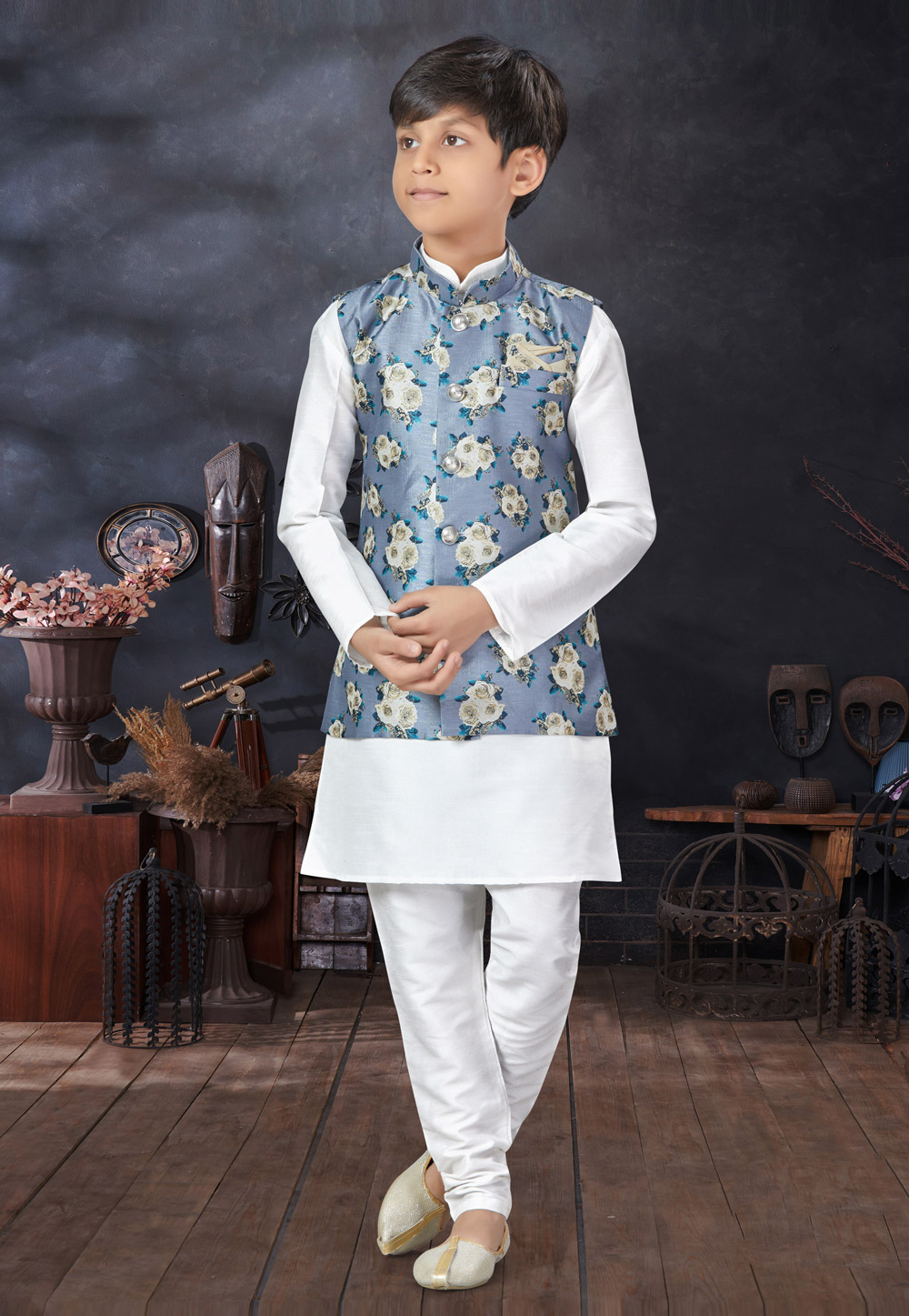 White Silk Kids Kurta Pajama With Jacket 279084