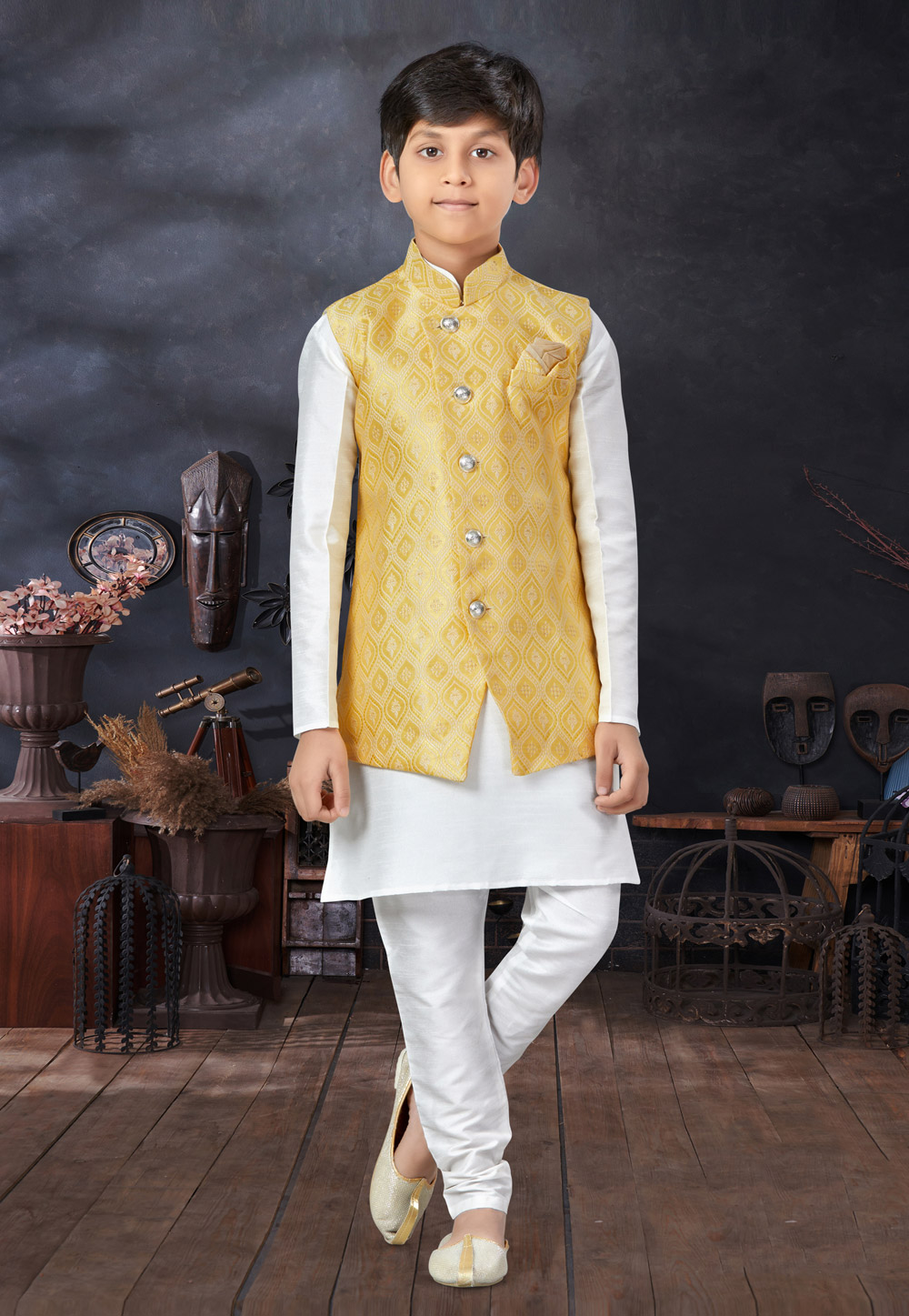 White Silk Kids Kurta Pajama With Jacket 279085