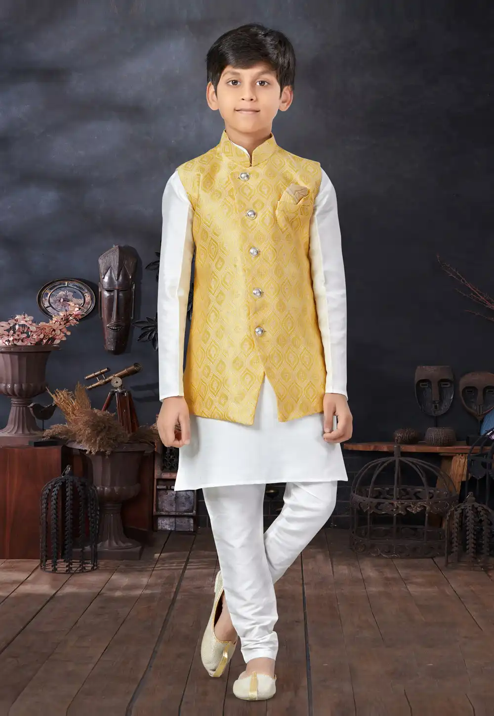 White Silk Kids Kurta Pajama With Jacket 279085