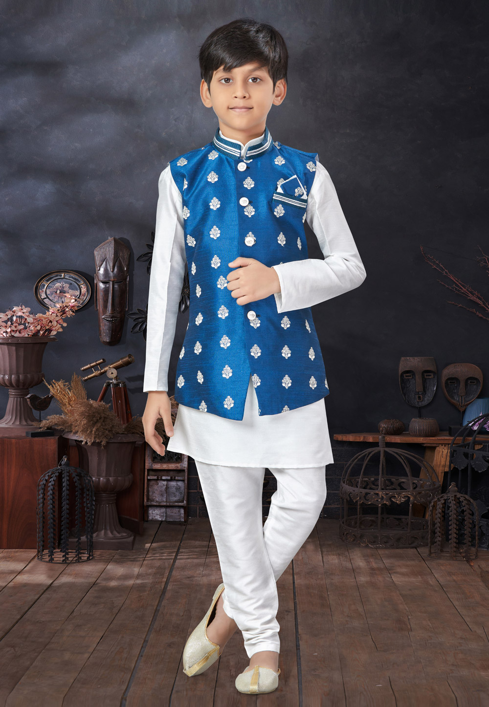 White Silk Kids Kurta Pajama With Jacket 279086
