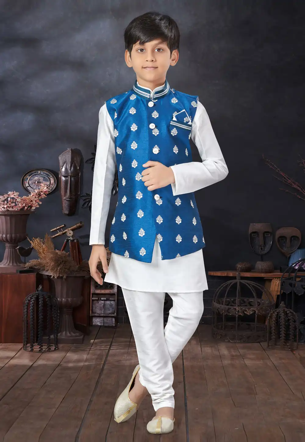 White Silk Kids Kurta Pajama With Jacket 279086