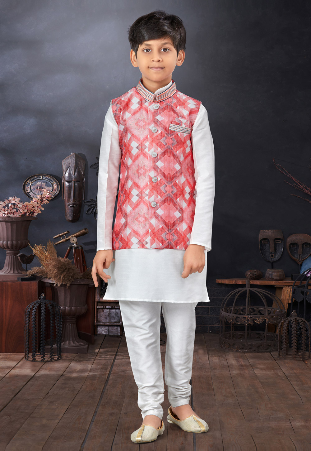 White Silk Kids Kurta Pajama With Jacket 279087