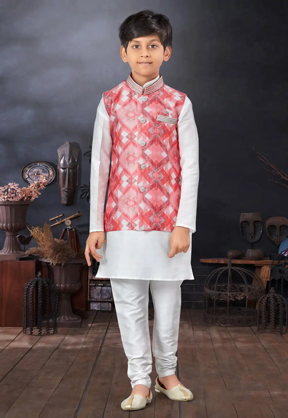 White Silk Kids Kurta Pajama With Jacket 279087