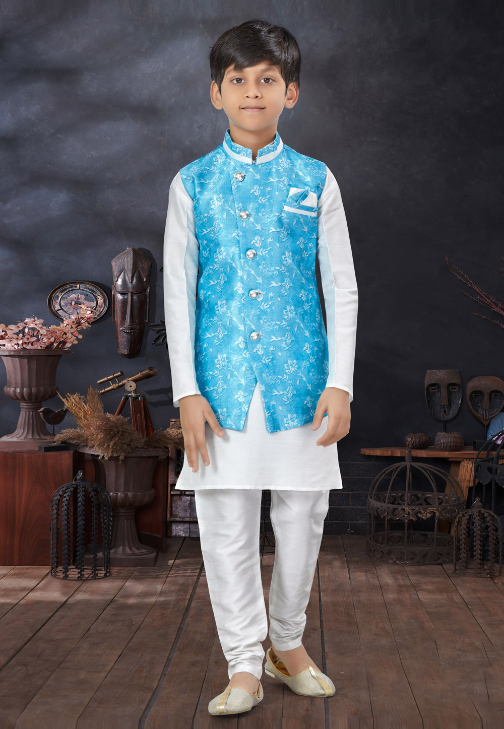 White Silk Kids Kurta Pajama With Jacket 279088